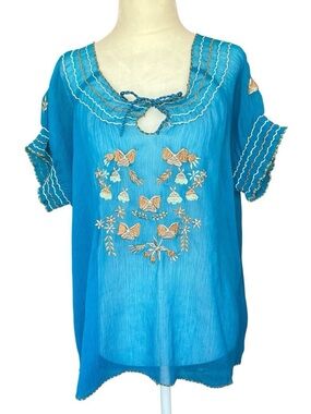 Pinky Teal Blue Sheer Embroidered Blouse